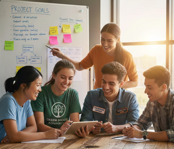A diverse group of four young professionals smiling and collaborating around a tablet at a wooden table, while a colleague points to a whiteboard labeled 'Project Goals' in the background.