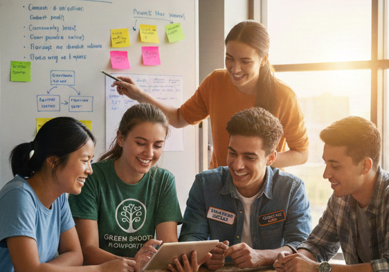 A diverse group of four young professionals smiling and collaborating around a tablet at a wooden table, while a colleague points to a whiteboard labeled 'Project Goals' in the background.